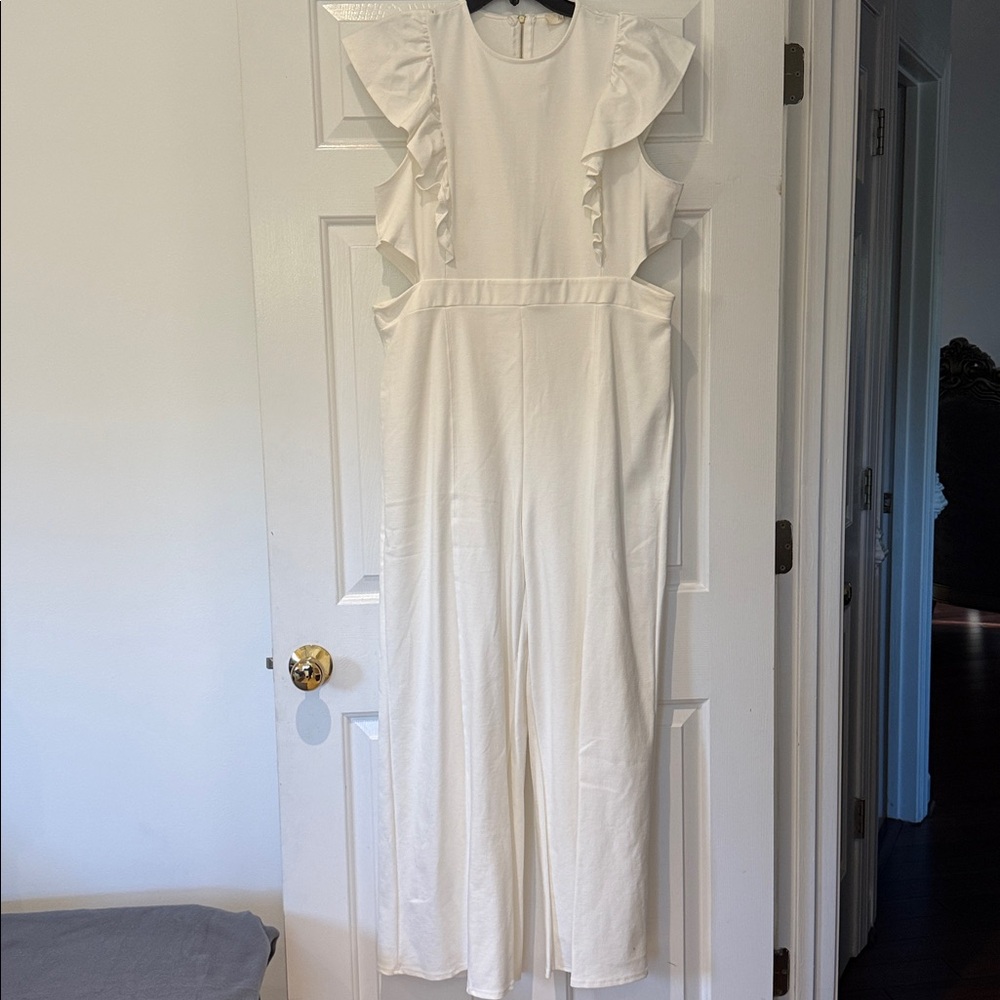 Jade By Jane Flutter Sleeve white Wide Leg Jumpsuit with cutout on sides